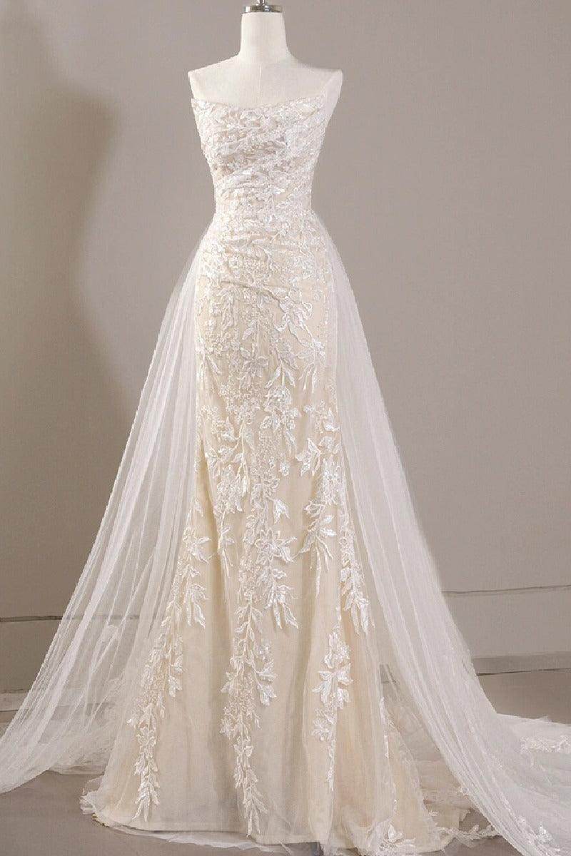 Sheath-Column Sweep-Brush Train Lace Tulle Wedding Dress 774886646233 - COCOMELODY